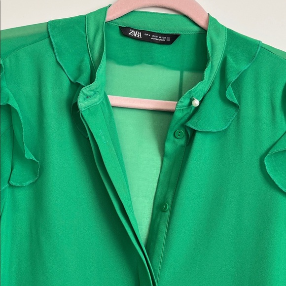 Zara Emerald Green Ruffle Sleeve Blouse Mandarin Collar, Size M - Picture 3 of 10